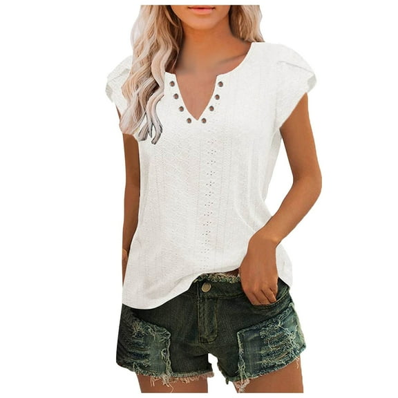 SHITINN Women Summer Casual Solid Color Shirt V Neck Short Sleeved T Shirt Top Hollowed Out Top Womens Short Sleeve Blouses Lightweight Tops & Blouses Women's T Shirts