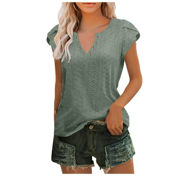 SHITINN Women Summer Casual Solid Color Shirt V Neck Short Sleeved T Shirt Top Hollowed Out Top Womens Short Sleeve Blouses Summer Fashion Women Womens Basic Tops