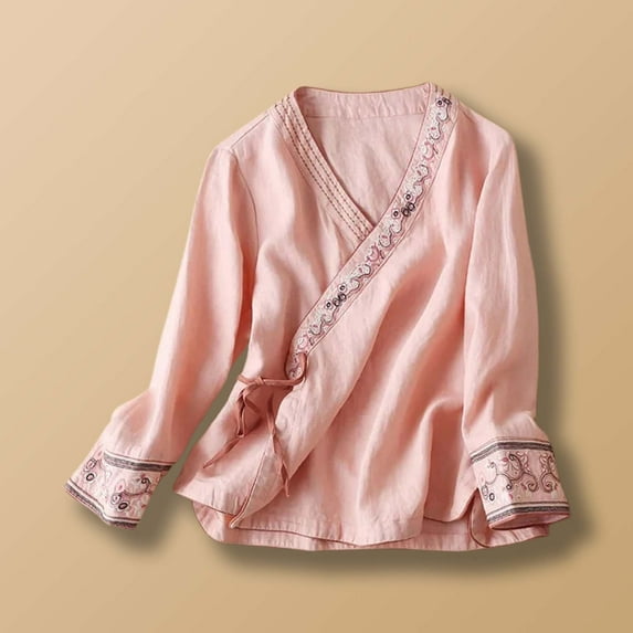 SHITINN Women Tops Casual Women's Ethnic Style Linen Embroidered Top Loose Fit Vintage Clothing Short Sleeve Tops for Women Womens Summer Tops