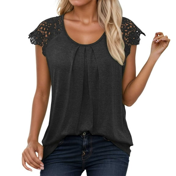 SHITINN Women Tshirts Womens Lace Tops Pleated Short Sleeve Shirts Summer Business Casual Dressy Blouses Women's Short Sleeve Tops Women Tops Summer