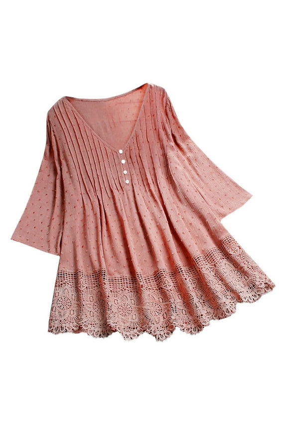 Women Vintage Three Quarter Lace V Neck Plus Size Top T Shirt Blouse Womens Short Sleeve Tops Womens Summer Clothes Women Blouses