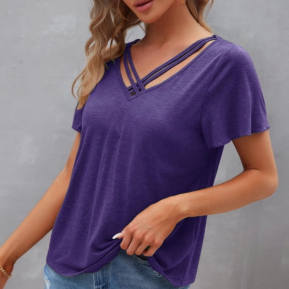 SHITINN Women's 2023 Summer New Solid Color Chest Strap Short Sleeve V Neck Top T Shirt with Leaf Women's Short Sleeve Tops Summer Tops for Women 2025 Womens T-Shirts