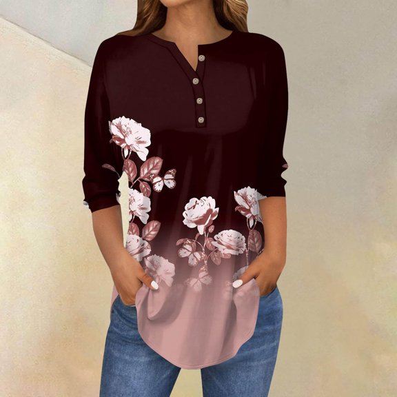 SHITINN Women's 3/4 Sleeved Collar Button Up Shirt Floral Shirt Summer Top Womens Tops Short Sleeve Women's Shirts Women Summer Top