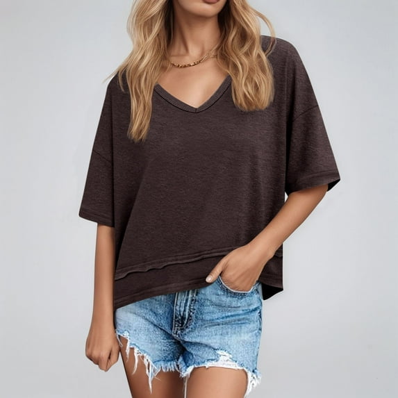 SHITINN Women's Blouses Casual Solid Color Short Sleeve V Neck T Shirt Women's Short Sleeve Tops Women Clothing