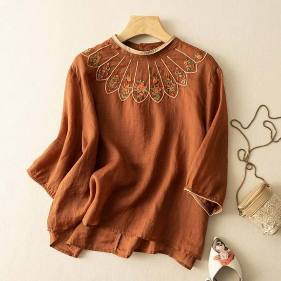 SHITINN Women's Blouses Women's Summer Ethnic Style Linen Top Vintage Loose 3/4 Sleeve Color Block T Shirt with E Short Sleeve Blouses for Women Women Clothing