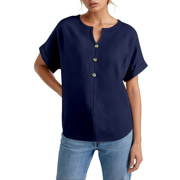 SHITINN Women's Buttoned V Neck Short Sleeve T Shirt Women's Fashion Short Sleeve Blouses Cute Summer Tops