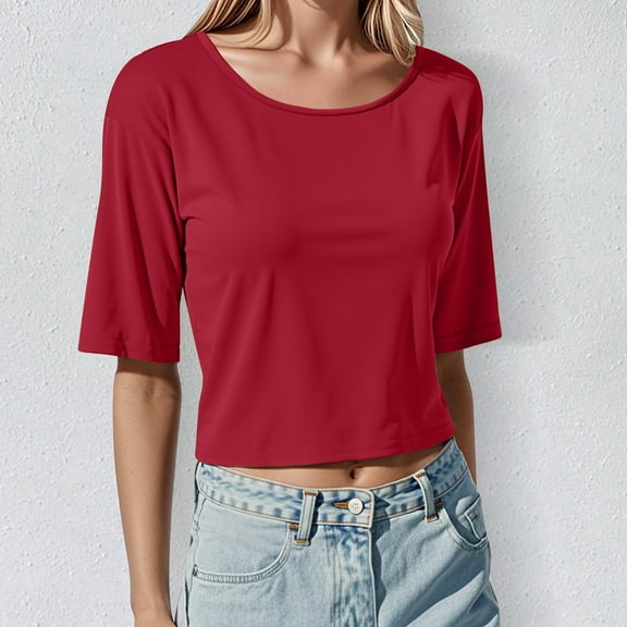 SHITINN Women's Casual Basic Crop T Shirt Round Neck Short Sleeve Slim Fit Top for Daily Wear Vac Womens Short Sleeve Tops Women Summer Top Women Tshirts