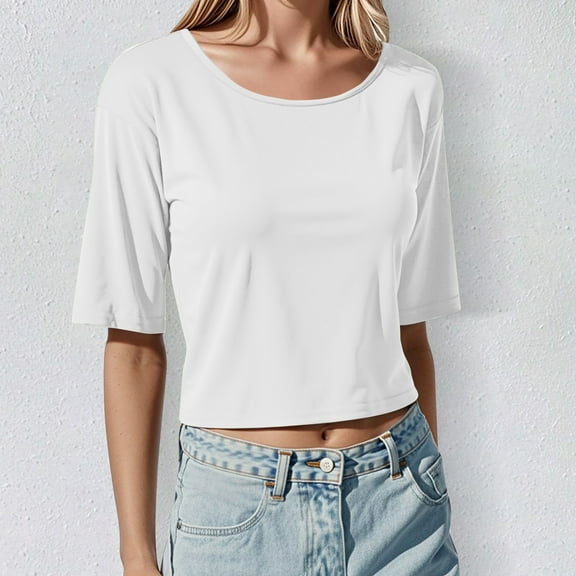 SHITINN Women's Casual Basic Crop T Shirt Round Neck Short Sleeve Slim Fit Top for Daily Wear Vac Womens Short Sleeve Tops Womens Summer Shirts Womens Blouses