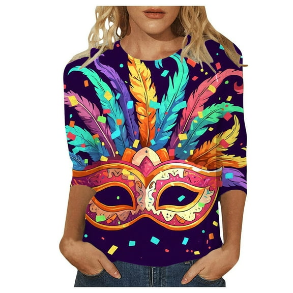 SHITINN Women's Casual Crew Neck Carnival Print 3/4 Length Sleeve T Shirt Top Tee Shirts Womens Womens Short Sleeve Tops Spring Tops for Women