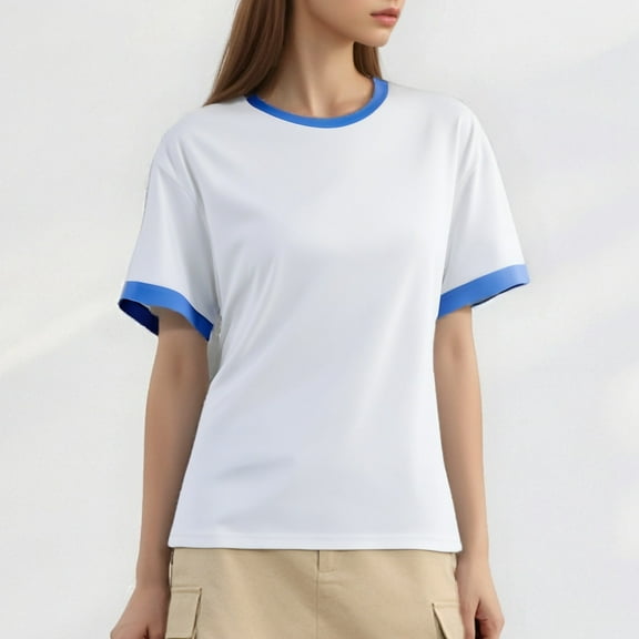 SHITINN Women's Casual Fashion Loose Pullover Solid Color Matching Color Round Neck Short Sleeved Womens Short Sleeve Shirts Womens Shirts Casual Cute Summer Tops