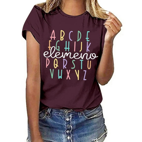 SHITINN Women's Casual Fashion Solid Color Short Sleeve T Shirt with Letter Print Top Womens Clothing Short Sleeve Shirts for Women Summer Tops