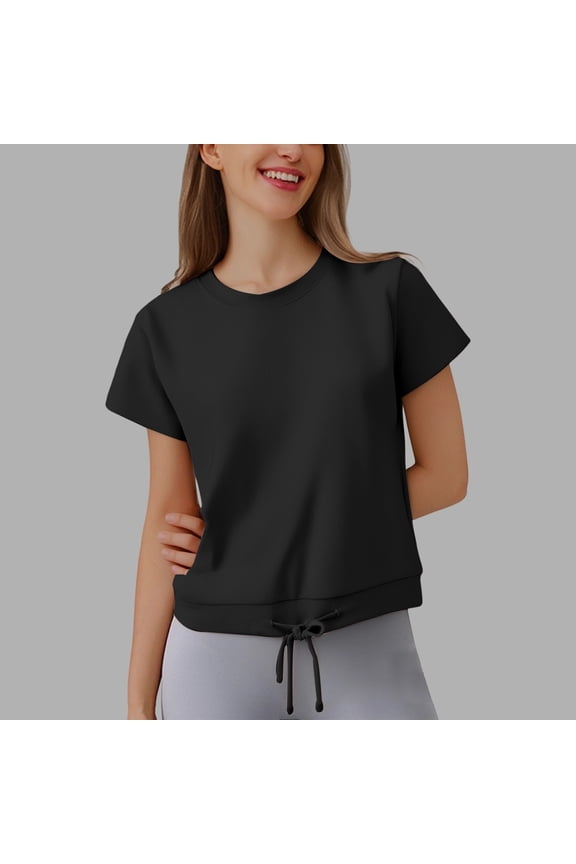 Women's Casual Loose Fit Round Neck Short Sleeve T Shirt with Drawstring Hem for Everyday Short Sleeve Tops for Women Women Tops Summer Womens Casual Tops