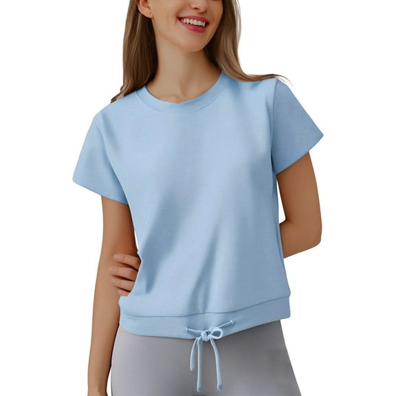 SHITINN Women's Casual Loose Fit Round Neck Short Sleeve T Shirt with Drawstring Hem for Everyday Womens Short Sleeve Shirts Tops for Women Trendy Summer Womens Shirts Casual