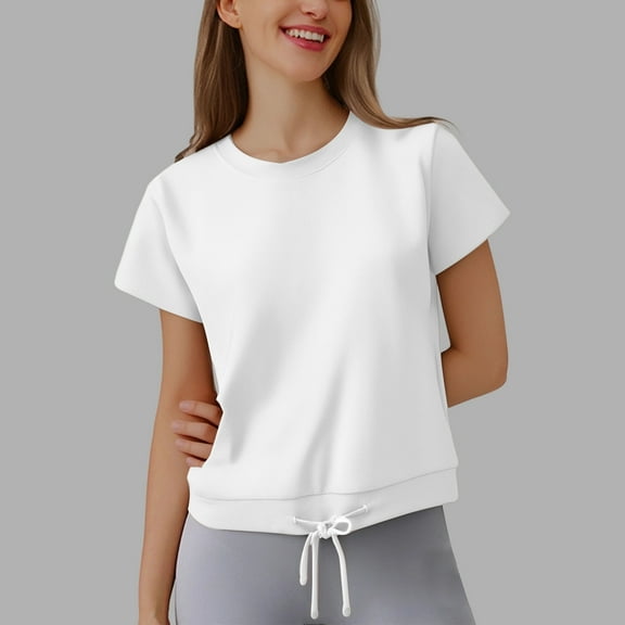 SHITINN Women's Casual Loose Fit Round Neck Short Sleeve T Shirt with Drawstring Hem for Everyday Womens Summer Tops Short Sleeve Summer Tops for Women Women's Shirts