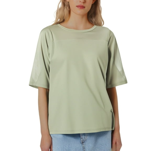 SHITINN Women's Casual Loose Fit Round Neck Short Sleeve T Shirt with Sheer Sleeve for Yoga Sport Womens Short Sleeve Shirts Women Summer Top Womens T-Shirts