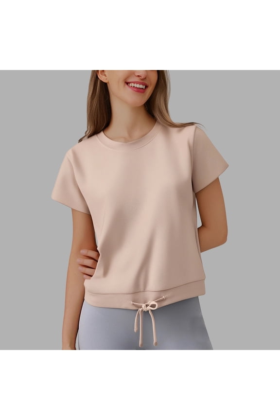 Women's Casual Loose Fit Round Neck Short Sleeve T Shirt with Drawstring Hem for Everyday Short Sleeve Tops Summer Clothes Womens Casual Tops