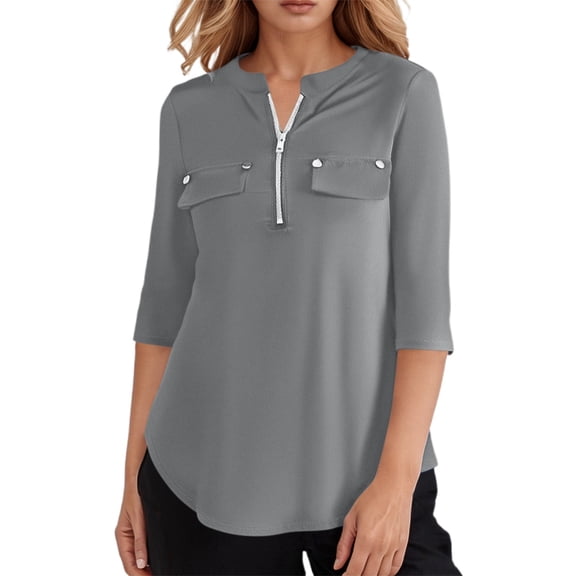 SHITINN Women's Casual Pocket Zippered 3/4 Sleeve T Shirt Stylish and Functional Women's Fashion Short Sleeve Blouses for Women Shirts for Women Trendy