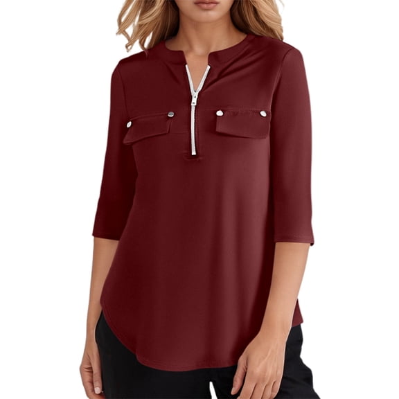 SHITINN Women's Casual Pocket Zippered 3/4 Sleeve T Shirt Stylish and Functional Womens Basic Tops Short Sleeve Tunic Tops for Women Women's Summer Tops