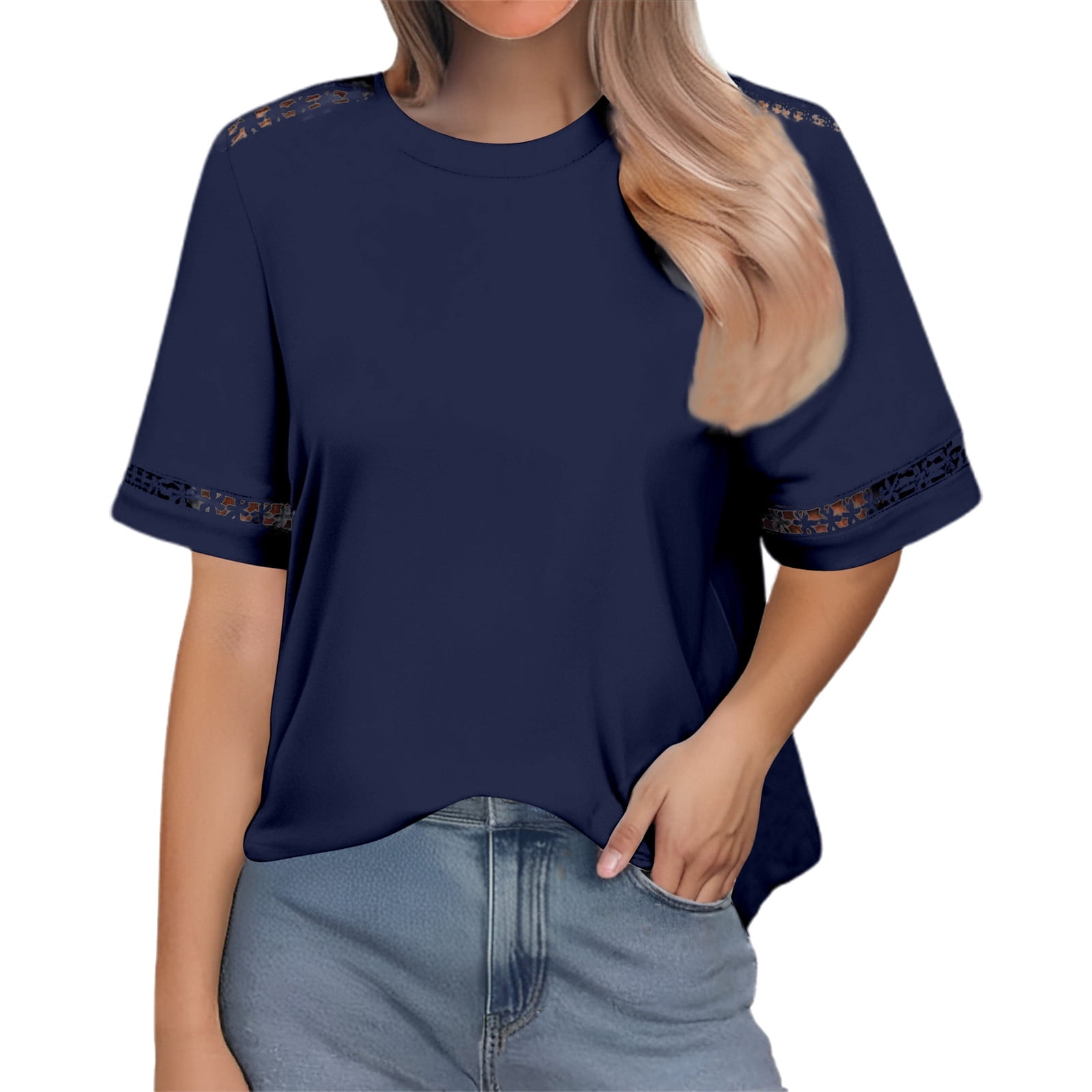 SHITINN Women's Casual Solid Color Crew Neck Short Sleeve Shirt Short ...