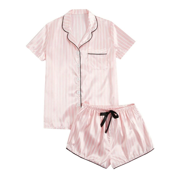 SHITINN Women's Casual Solid Silk Satin Pajama Set Short Sleeve Button Up Top & Shorts Sleepwear Pajamas Dress for Women Comfy Winter Pajamas Sleepwear for Women