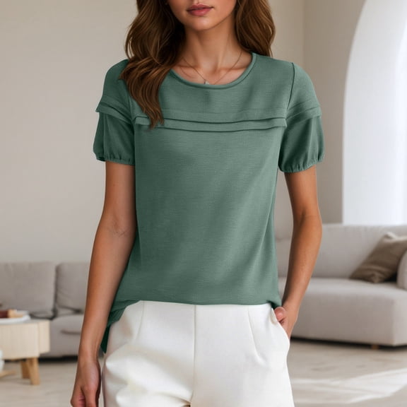 SHITINN Women's Casual V Neck T Shirt Soft Breathable Summer Top with Ruffles for Daily Wear Vaca Short Sleeve Shirts for Women Summer Top Womens Clothes