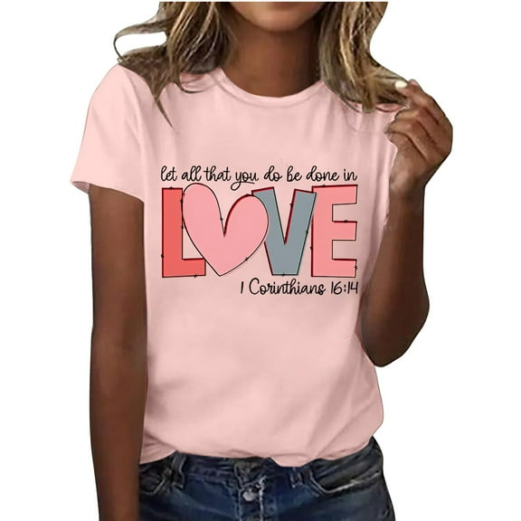 SHITINN Women's Casual Valentine's Heart Print Letter Round Neck Short Sleeve T Shirt Short Sleeve Tops Blouse for Women Shirts for Women Trendy