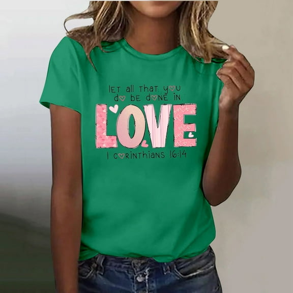 SHITINN Women's Casual Valentine's Heart Print Letter Round Neck Short Sleeve T Shirt Short Sleeve Tunic Tops for Women Women Blouses Summer Shirts