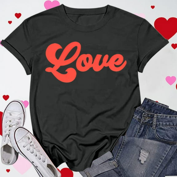 SHITINN Women's Casual Valentine's Heart Print Letter Round Neck Short Sleeve T Shirt Woman Shirts Short Sleeve Blouses Women's Clothing