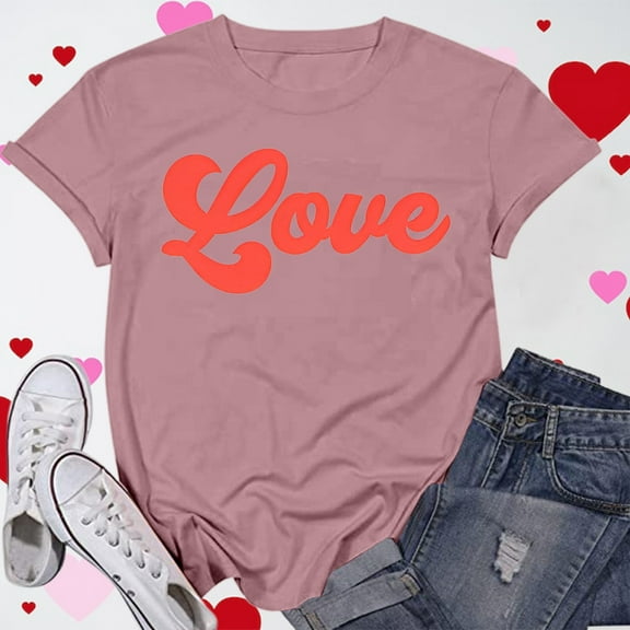 SHITINN Women's Casual Valentine's Heart Print Letter Round Neck Short Sleeve T Shirt Women's Tops Short Sleeve Shirts for Women Fashion Clothing