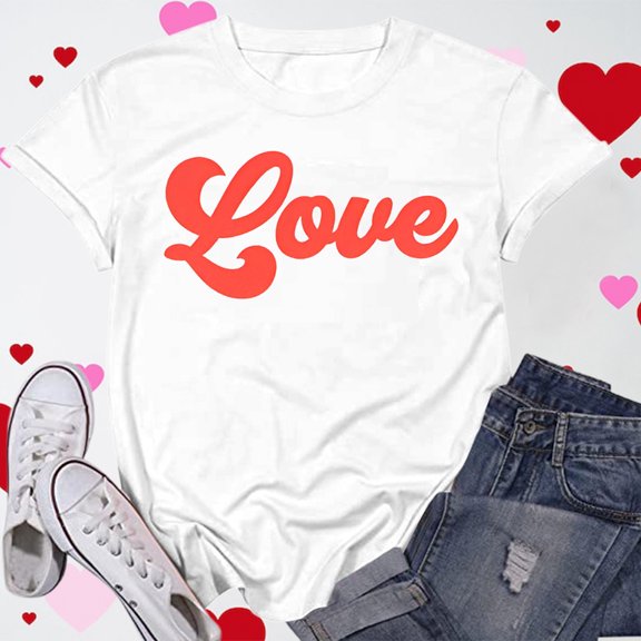 SHITINN Women's Casual Valentine's Heart Print Letter Round Neck Short Sleeve T Shirt Womens Basic Tops Womens Short Sleeve Blouses Summer Shirts