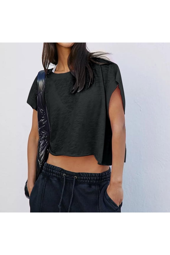 Women's Clothes Women Short Sleeve Workout Shirts Open Back Tops Casual Yoga Athletic Gym Slouchy Crop Ru Womens Short Sleeve Shirts Women's Tops, Tees & Blouses