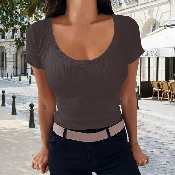 SHITINN Women's Crew Neck Short Sleeve Tops Slim Fit Ribbed Knit T Shirt Short Sleeve Blouses T Shirts for Women Women Clothing