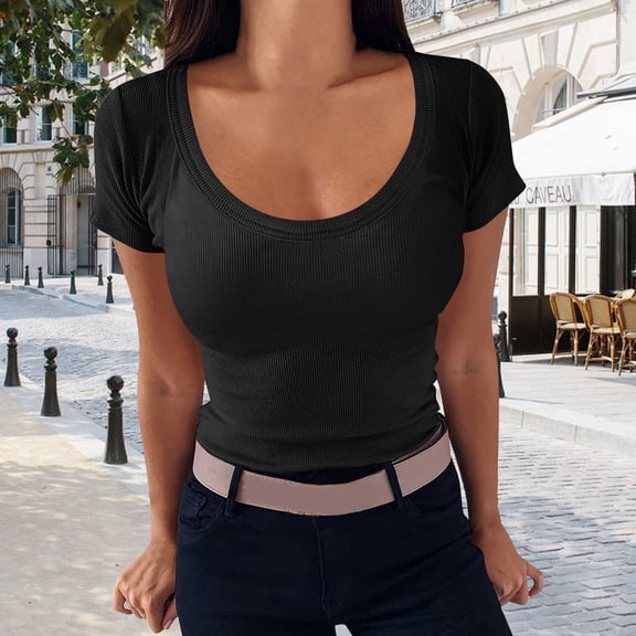 SHITINN Women's Crew Neck Short Sleeve Tops Slim Fit Ribbed Knit T Shirt Womens Short Sleeve Shirts Womens Tops Trendy Tops for Women 2025