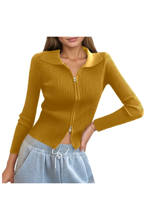 Women's Double Zip Ribbed Knit Cardigan Tight Fitting Crop Top with Collar Cute Short Sleeve Tops for Women Summer Shirts for Women Women Shirts Casual