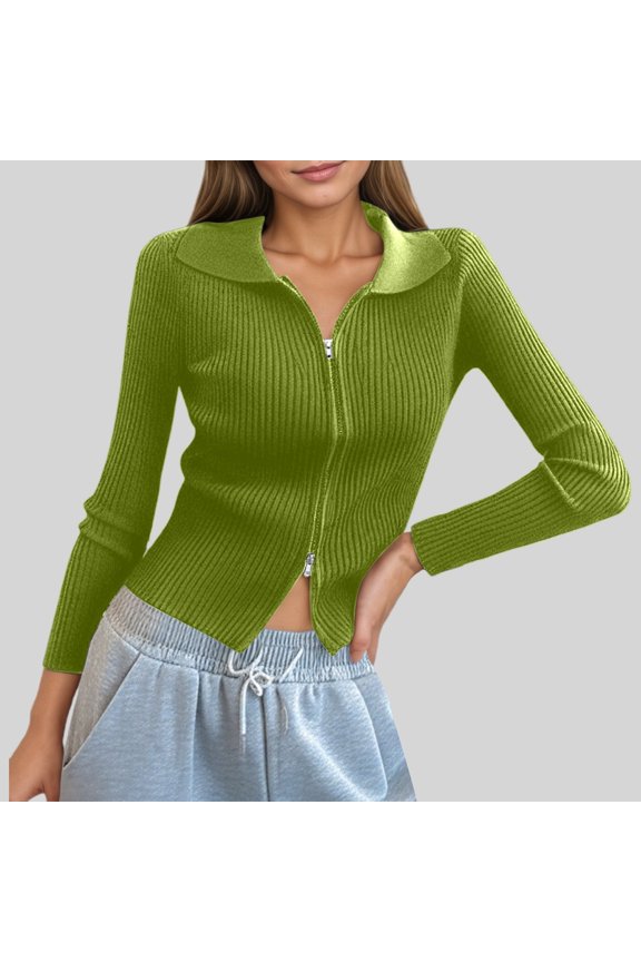 Women's Double Zip Ribbed Knit Cardigan Tight Fitting Crop Top with Collar Short Sleeve Tops for Women Lightweight Tops & Blouses Women's Shirts