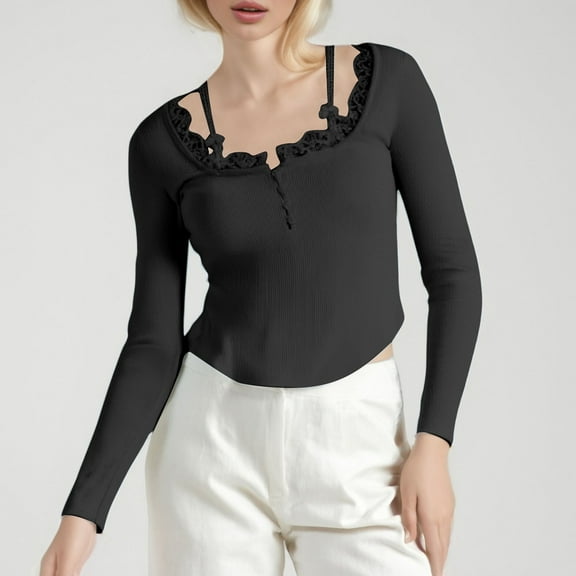 SHITINN Women's Fairy Solid Rock Shirt Tops Long Sleeve Lace Patchwork Teen Girls Slim Fit T Shir Womens Tee Cute Short Sleeve Tops for Women Women's Summer Tops