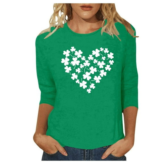SHITINN Women's Fashion Casual Crewneck St. Patrick's Print 3/4 Sleeve T Shirt Top Short Sleeve Blouses for Women Tee Shirts Womens Womens Summer Tops