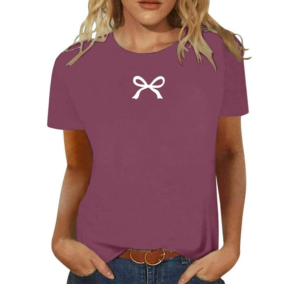 SHITINN Women's Fashion Casual Round Neck Bow Print Short Sleeve T Shirt Top Short Sleeve Tops Womens Shirts Casual Women's Clothing