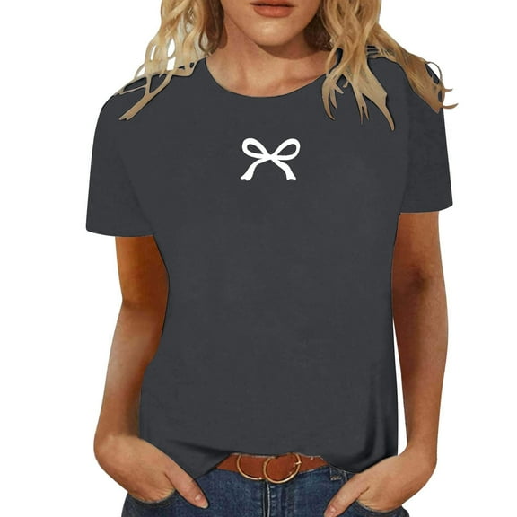SHITINN Women's Fashion Casual Round Neck Bow Print Short Sleeve T Shirt Top Short Sleeve Womens Tops Womens Tee Summer Shirts for Women