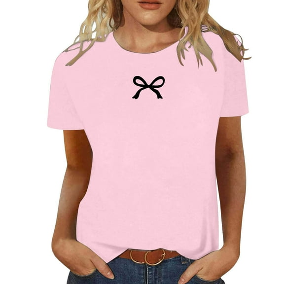 SHITINN Women's Fashion Casual Round Neck Bow Print Short Sleeve T Shirt Top Women Short Sleeve Tops T-Shirts for Women Summer Tops for Women