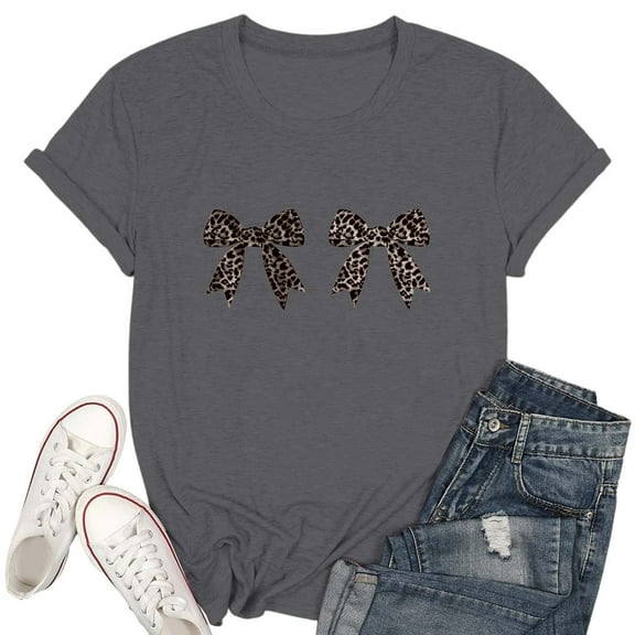 SHITINN Women's Fashion Casual Round Neck Bow Printed T Shirt Top Women Blouse Short Sleeve Shirts for Women Women Summer Tops