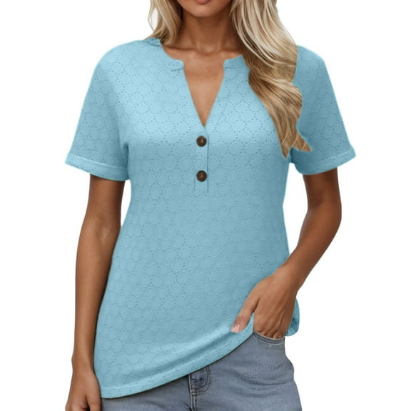 SHITINN Women's Fashion Casual Solid Button V Neck T Shirt Cute Short Sleeve Tops for Women Womens Shirt Womens Tees Loose Fit