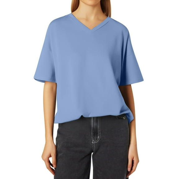 SHITINN Women's Fashion Casual Solid Color Loose V Neck Short Sleeved T Shirt Top Short Sleeve Blouses Women's Fashion Women Summer Outfits