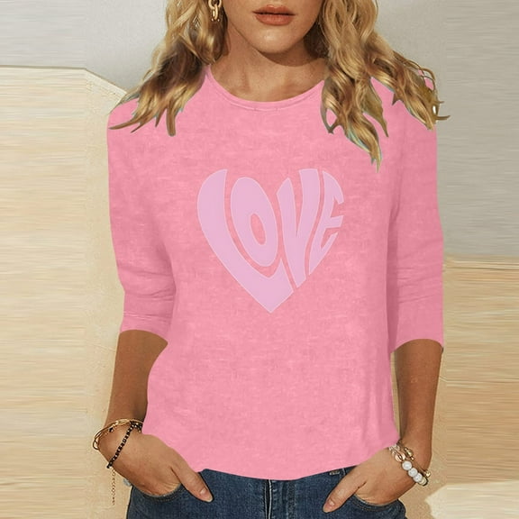 SHITINN Women's Fashion Casual Valentine's Day Print Crew Neck Loose 3/4 Sleeve Quarter Sleeve T Women Tshirts Short Sleeve Tops Summer Tops