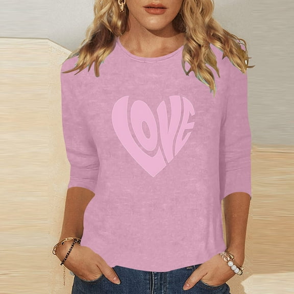 SHITINN Women's Fashion Casual Valentine's Day Print Crew Neck Loose 3/4 Sleeve Quarter Sleeve T Women Tshirts Short Sleeve Tops for Women Womens Summer Blouses