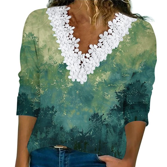 SHITINN Women's Fashion Fall Gradient Tops Long Sleeve Lace Trim V Neck Casual Shirts Basic Tees Womens Blouse Short Sleeve Blouses for Women Fashion Clothing