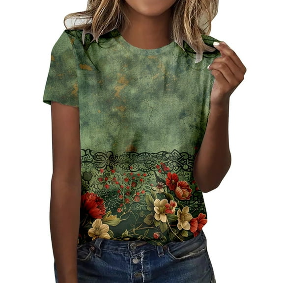 SHITINN Women's Fashion Print Casual Point Sleeve Crew Neck T Shirt Top Casual Shirts for Women Womens Summer Tops Short Sleeve Lightweight Tops & Blouses
