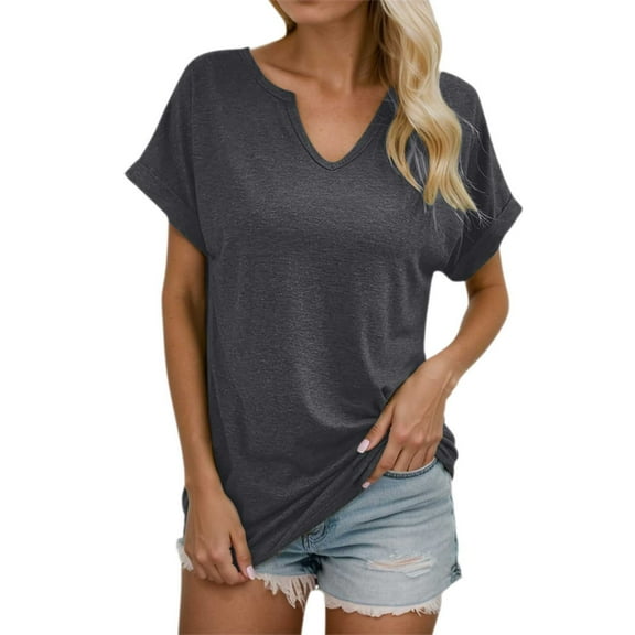 SHITINN Women's Fashion Solid Color Loose Small V Neck T Shirt Womens Tops Short Sleeve Blouses for Women Trendy Tops for Women 2025