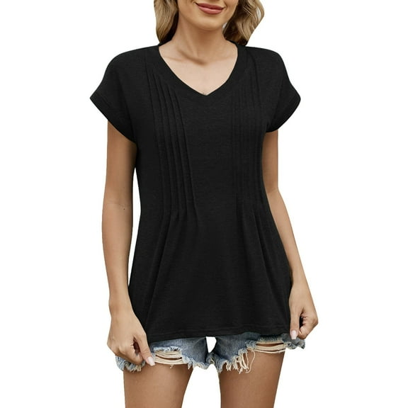 SHITINN Women's Fashion V Neck Short Sleeve Pleated T Shirt Stylish Summer Tops Casual Tunic Shir Womens Short Sleeve Shirts Shirt for Women Summer Top Women