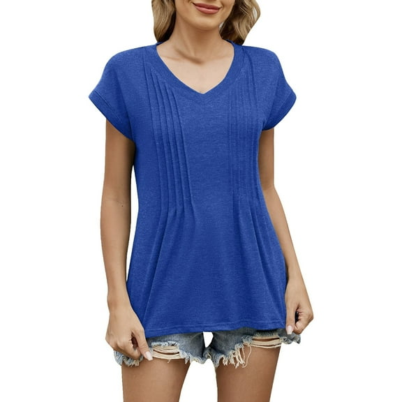 SHITINN Women's Fashion V Neck Short Sleeve Pleated T Shirt Stylish Summer Tops Casual Tunic Shir Womens Short Sleeve Tops Womens Clothes Summer Shirts